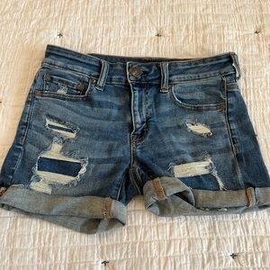 American Eagle Medium Blue Distressed Next-Level Stretch Midi Shorts, Size 2